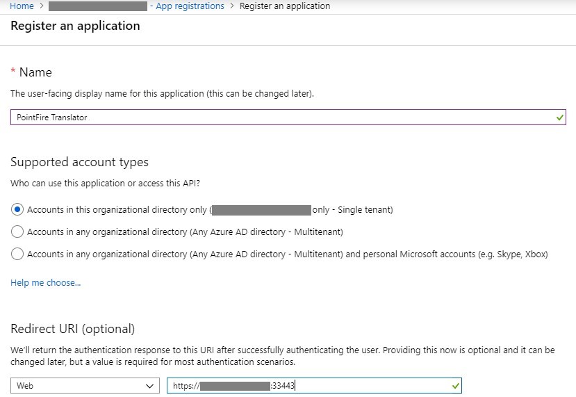 Register An Application screen on Azure