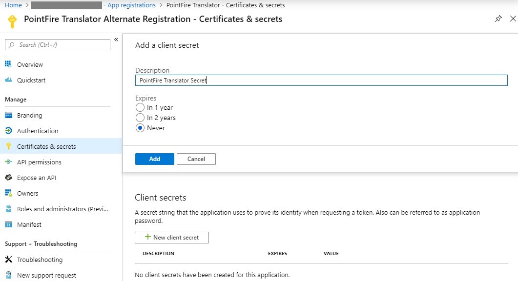 Azure Certificates and Secrets screen