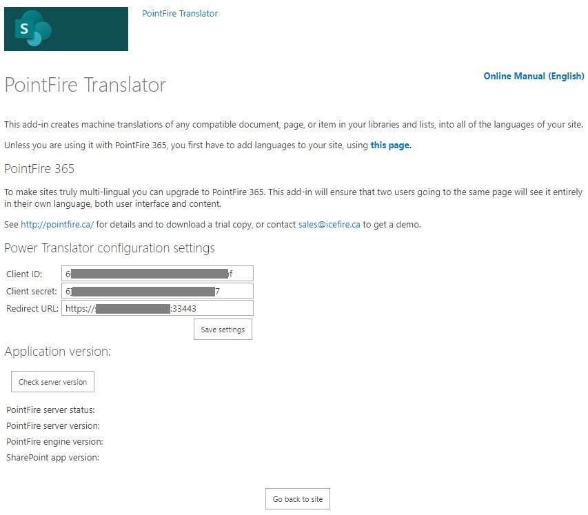 PointFire Translator app configuration screen