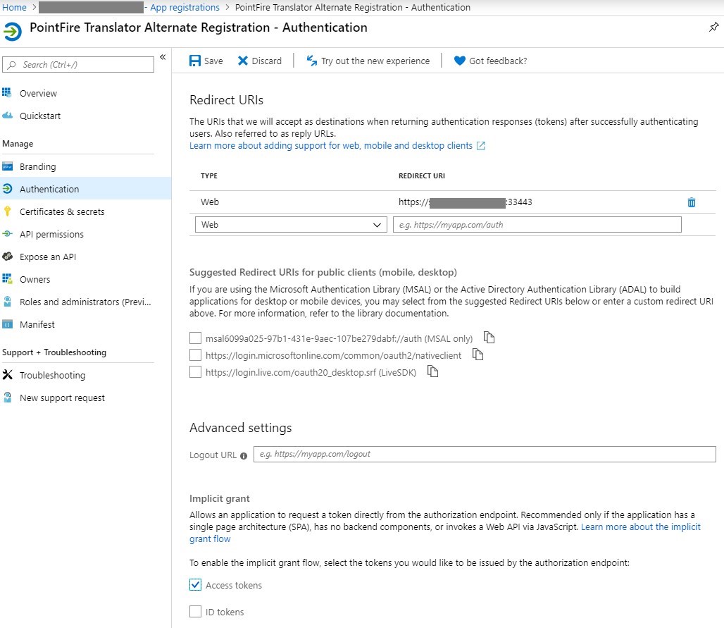 Azure Authentication screen