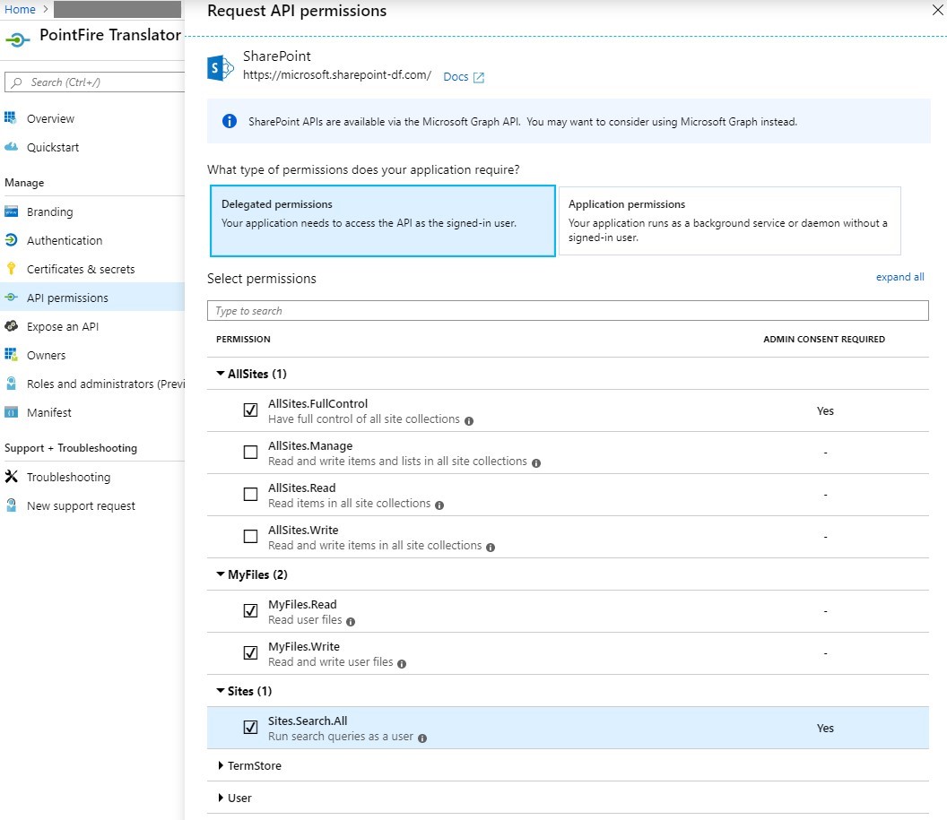 Azure Request API Permissions screen