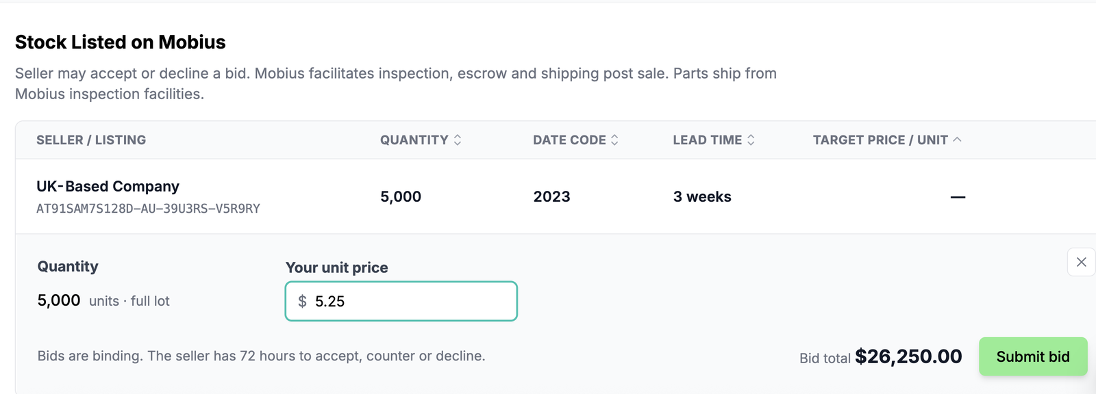 Stock Listed on Mobius table with the Place bid form open on a listing.