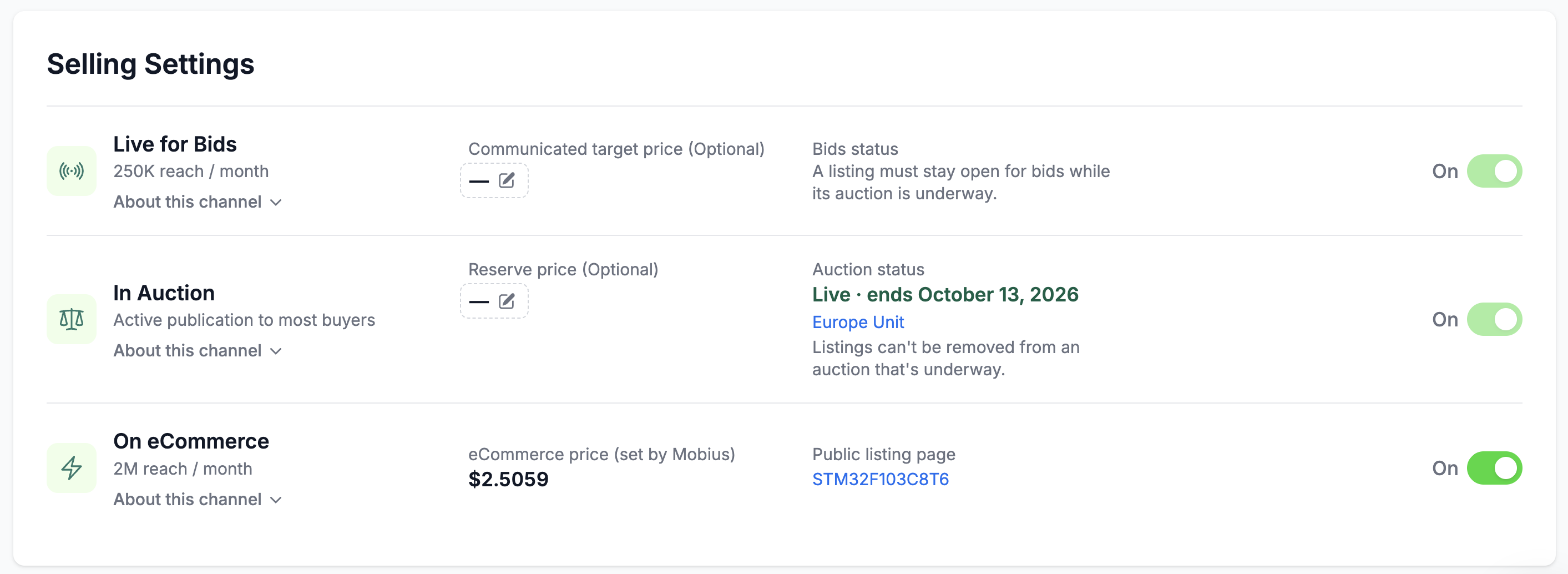 Selling Settings panel with Live for Bids, In Auction, and On eCommerce toggles.