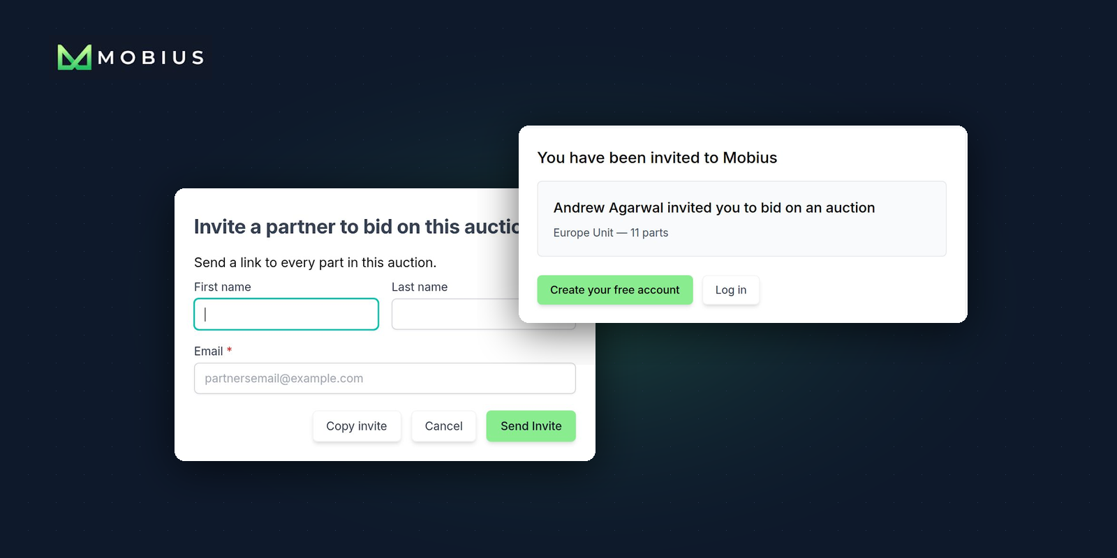 Invite a partner to bid on this auction window next to the You have been invited to Mobius page an invited buyer sees.