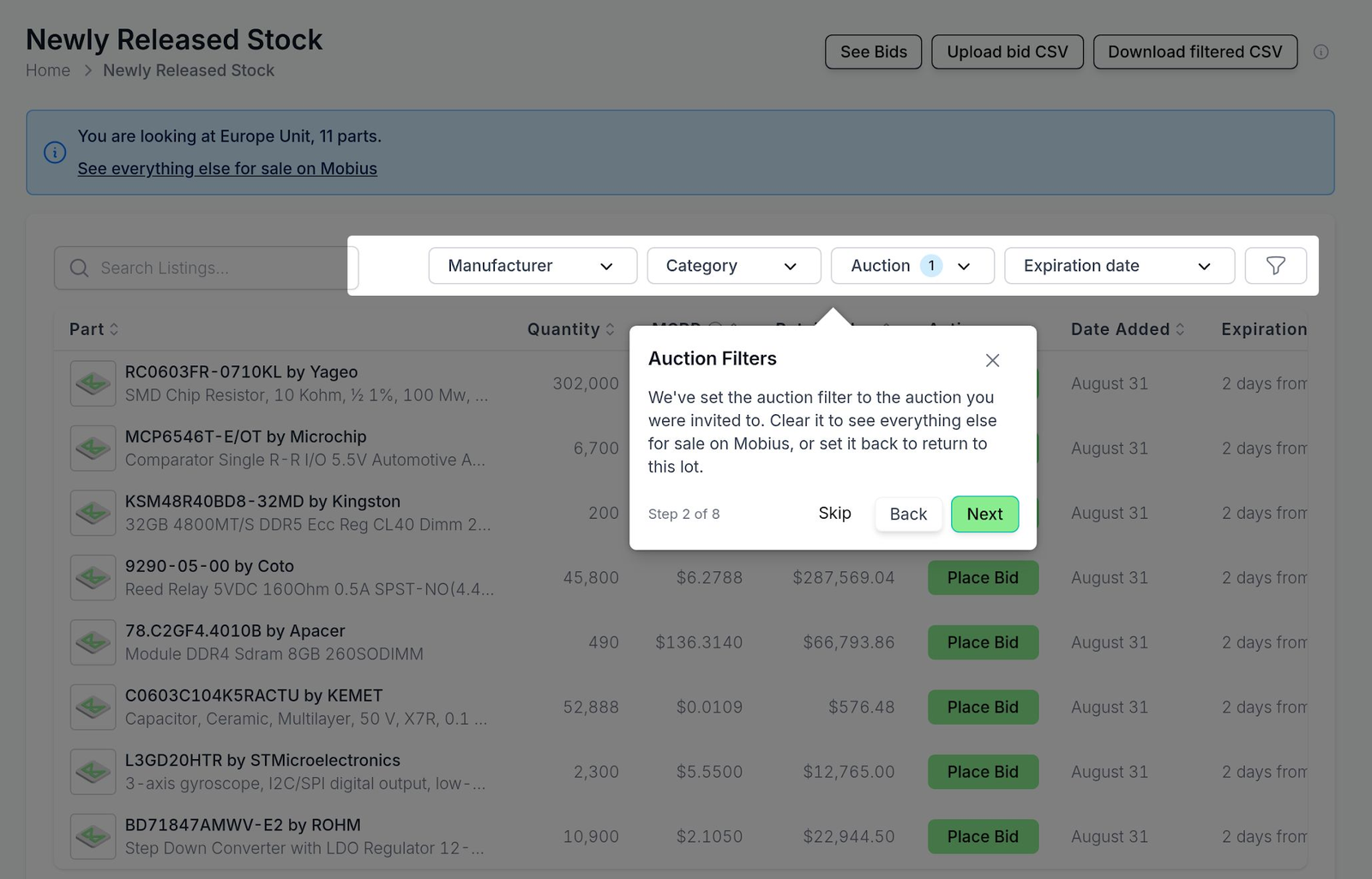 Newly Released Stock filtered to an invited auction, with a welcome banner and a guided tour step.