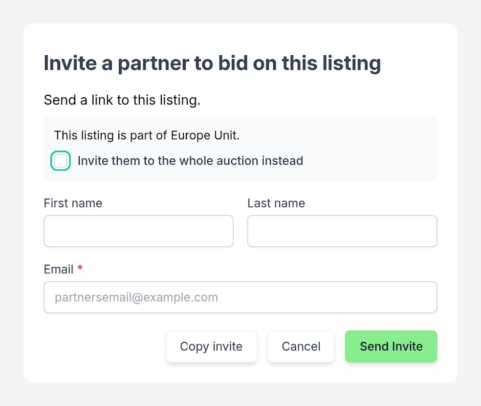 Invite a partner to bid on this listing window with an option to invite them to the whole auction instead, plus name and email fields.