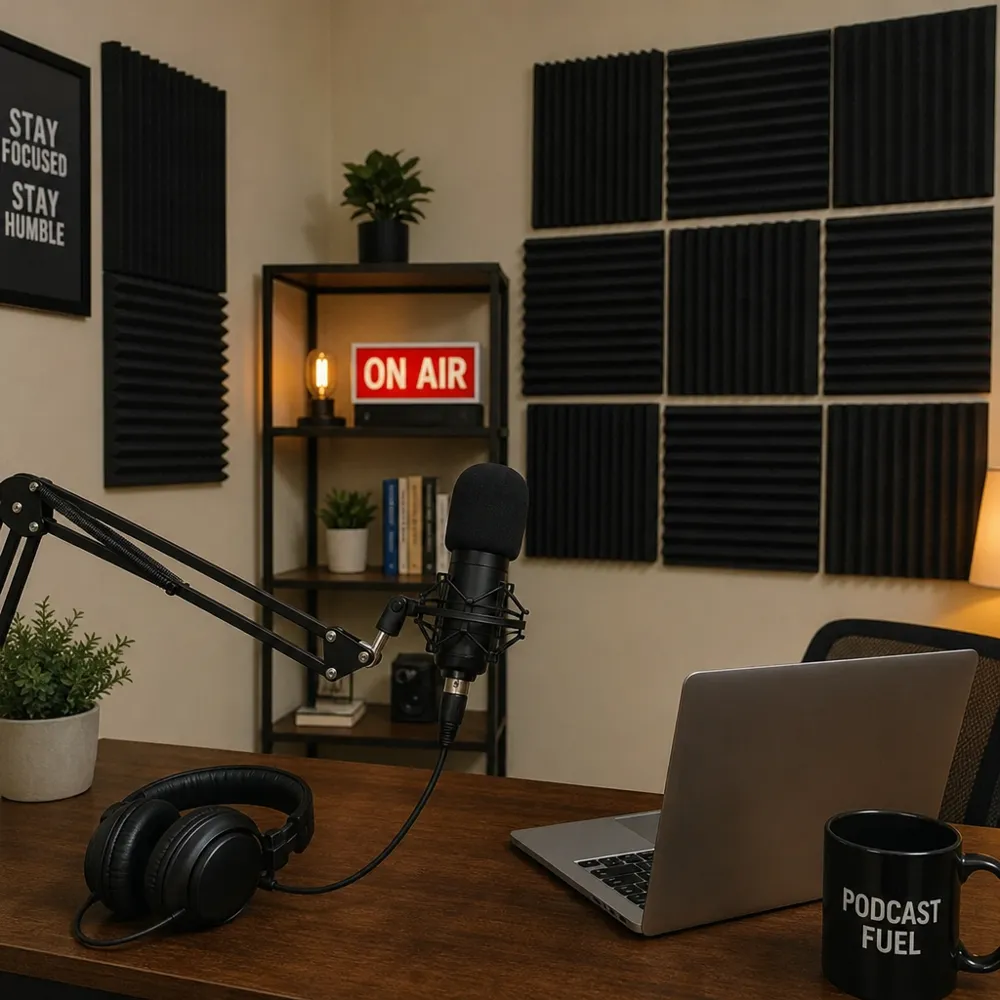 Home podcast studio with microphone, headphones, laptop, and acoustic panels