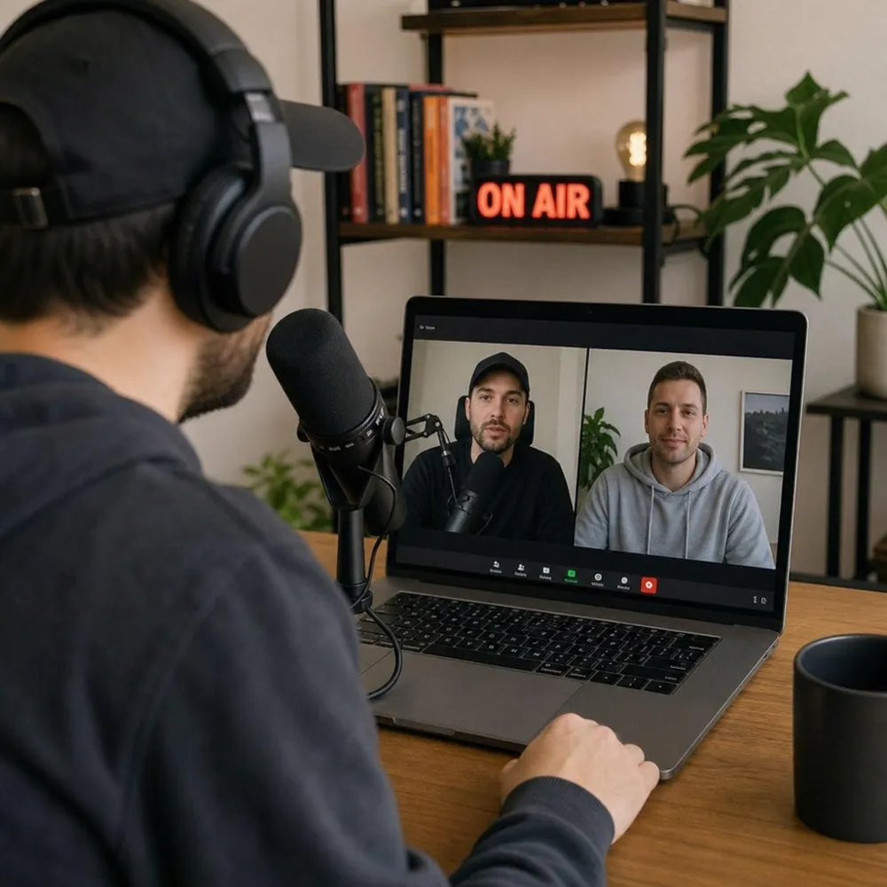 Remote podcast and video recording session on a laptop in a home studio
