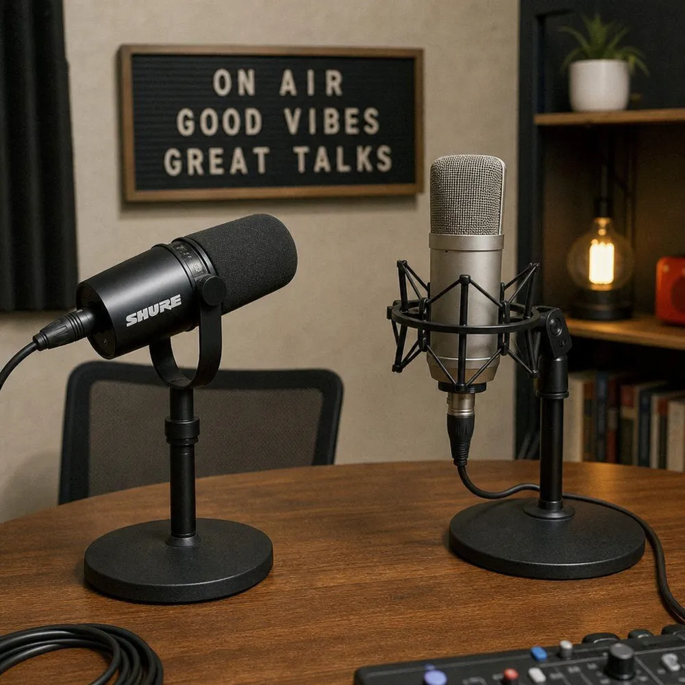 Dynamic and condenser microphones on a podcast desk
