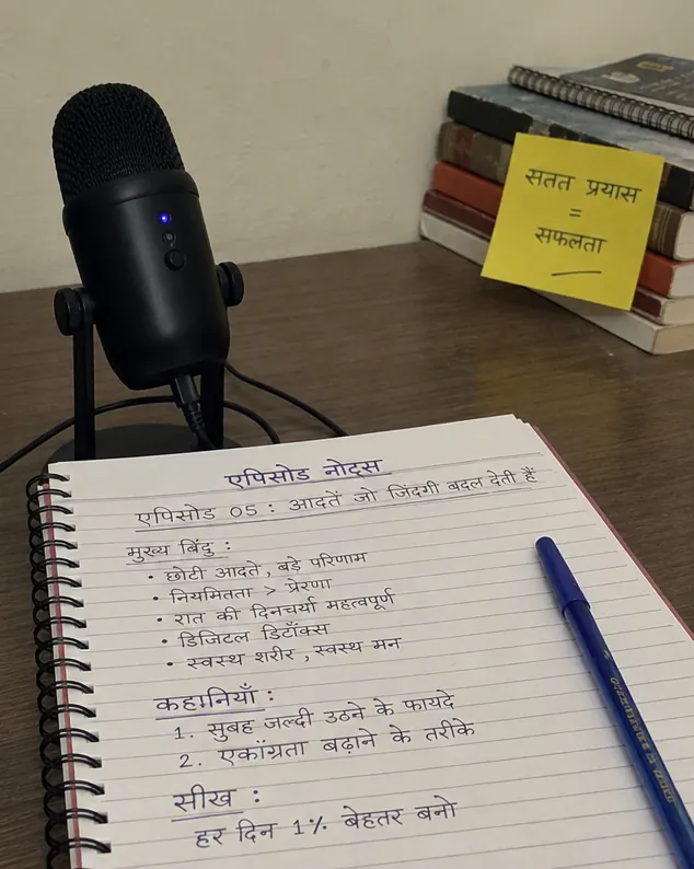 Microphone on a desk beside a notebook of handwritten Hindi episode notes