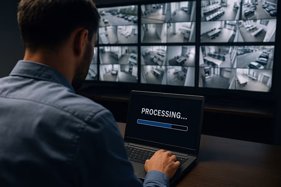 Um homem olha a tela de um computador processando informações com telas de câmeras ao fundo
