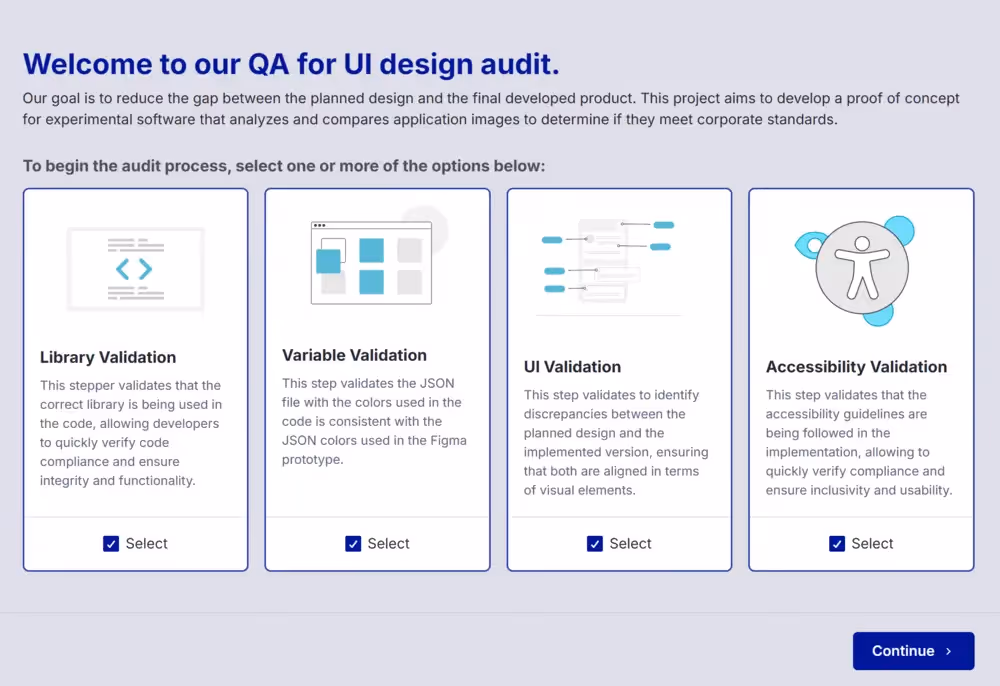 Tela inicial do projeto da Thales, com opções para verificar UI, Acessibilidade e outros