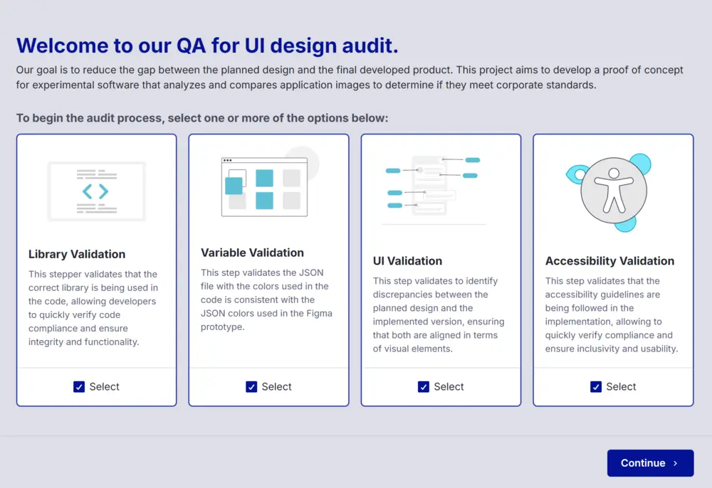 Tela inicial do projeto da Thales, com opções para verificar UI, Acessibilidade e outros