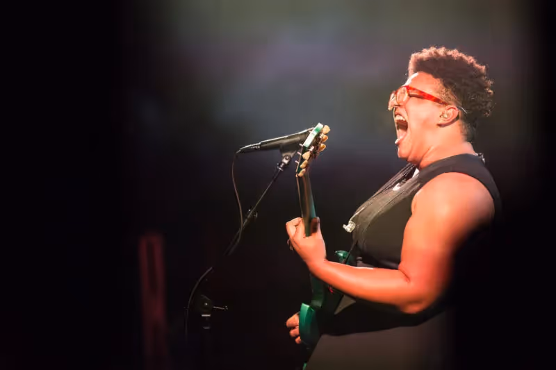 Brittany Howard of Alabama Shakes rocking out on her guitar in 2016