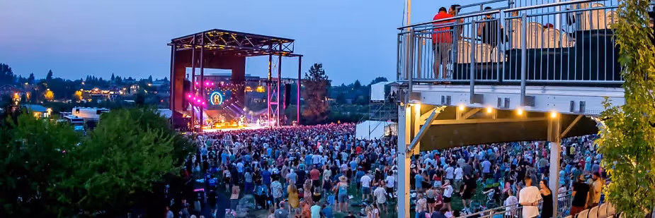 Hayden Homes Amphitheater view from side of Deschutes Deck at sunset