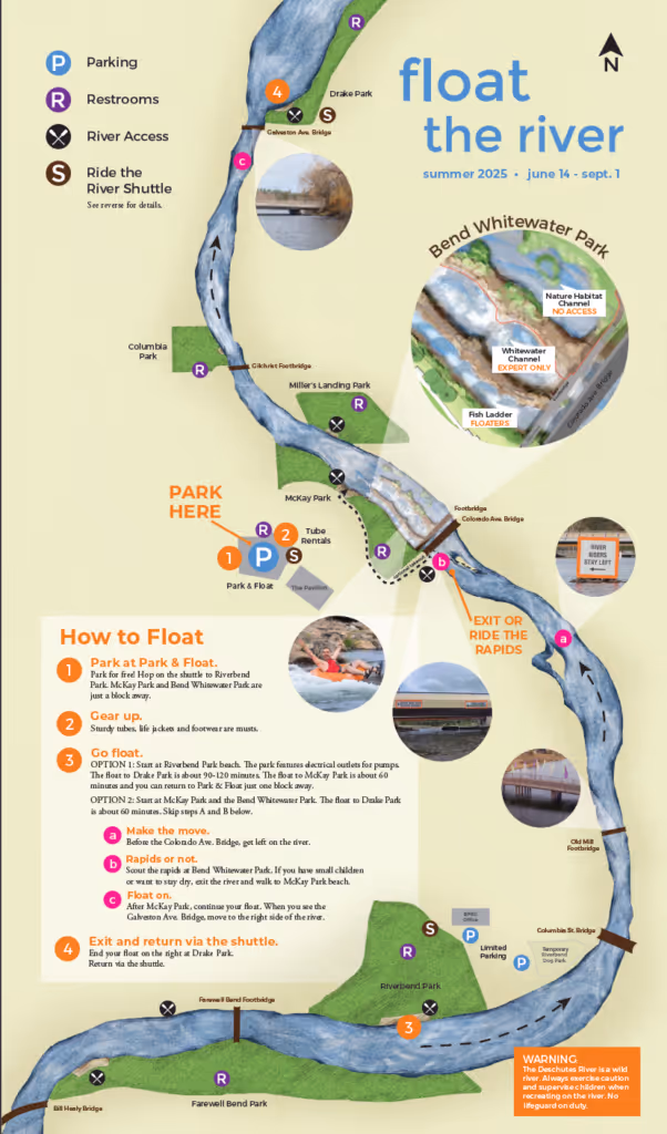 A map of of where to park to safely float the Deschutes River in the Old Mill District in Bend, Oregon.