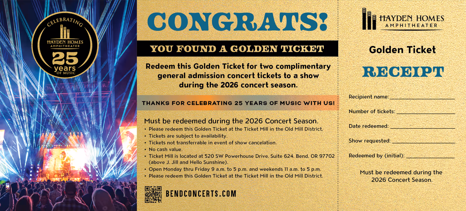 Old Mill District and Hayden Homes Amphitheater in Bend debut Golden Ticket Giveaway for Summer 2026