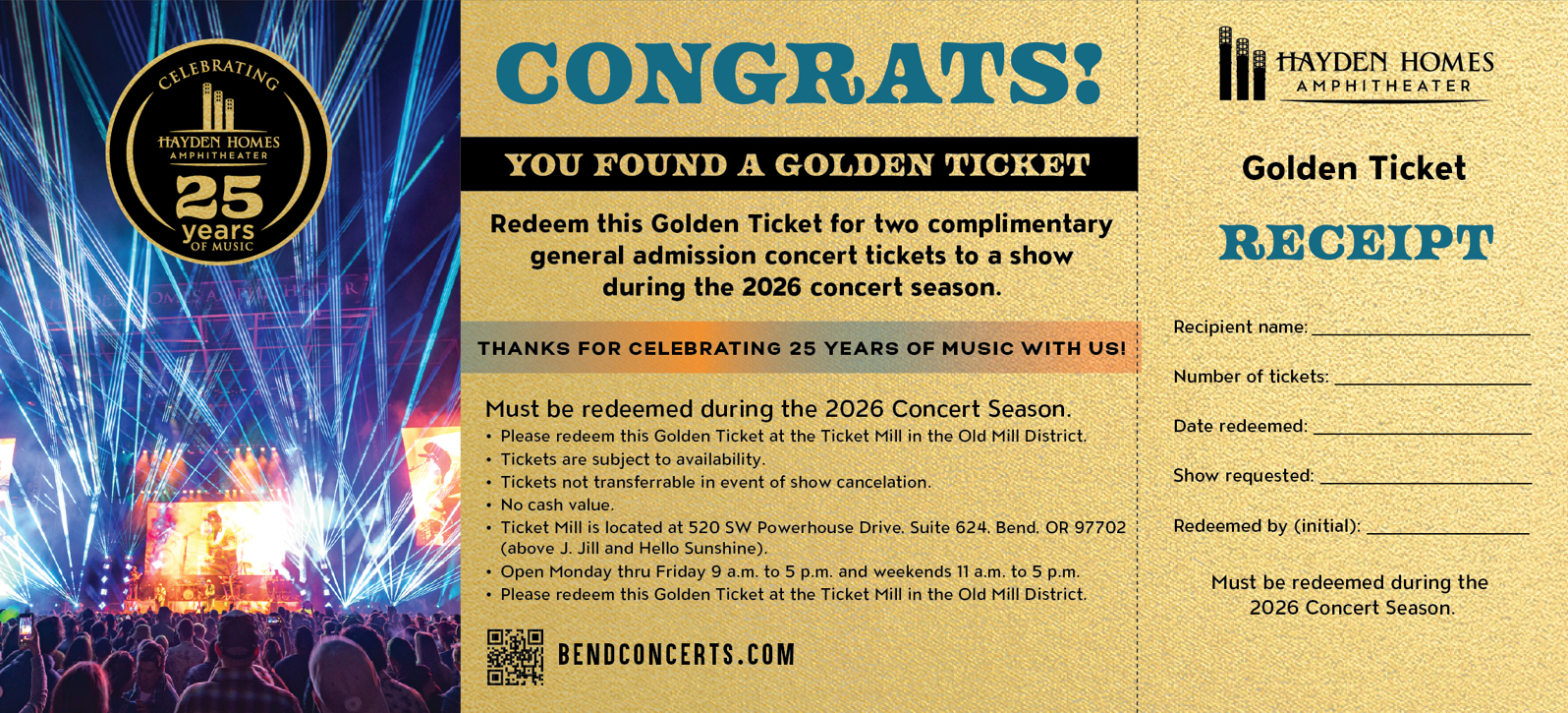 Old Mill District and Hayden Homes Amphitheater in Bend debut Golden Ticket Giveaway for Summer 2026