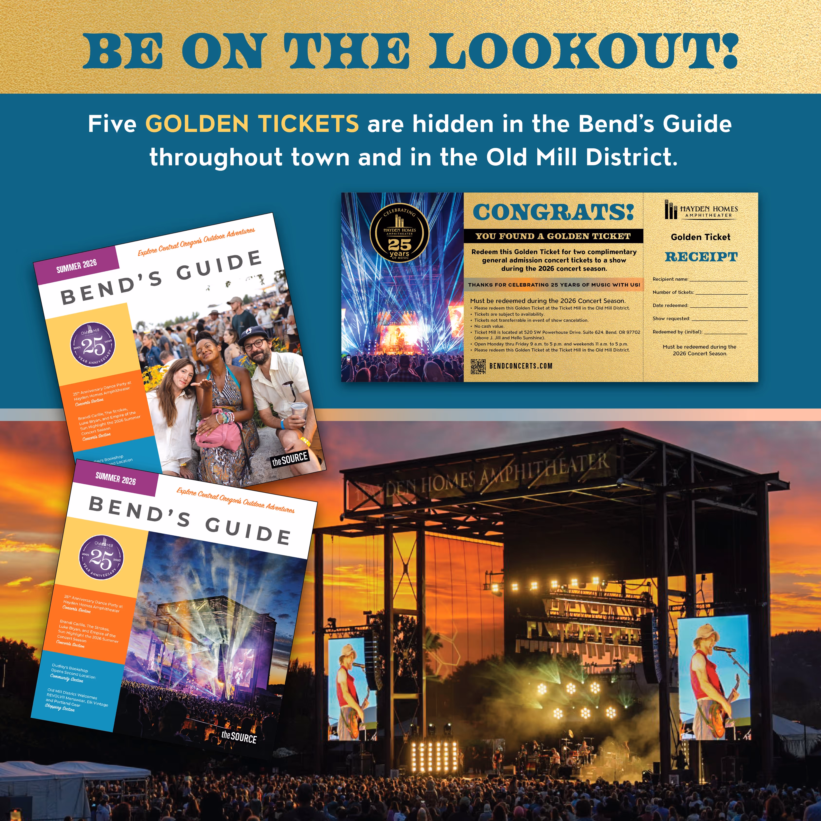 Cover of Old Mill District's Summer 2026 Bend Guide promoting Golden Ticket concert giveway.