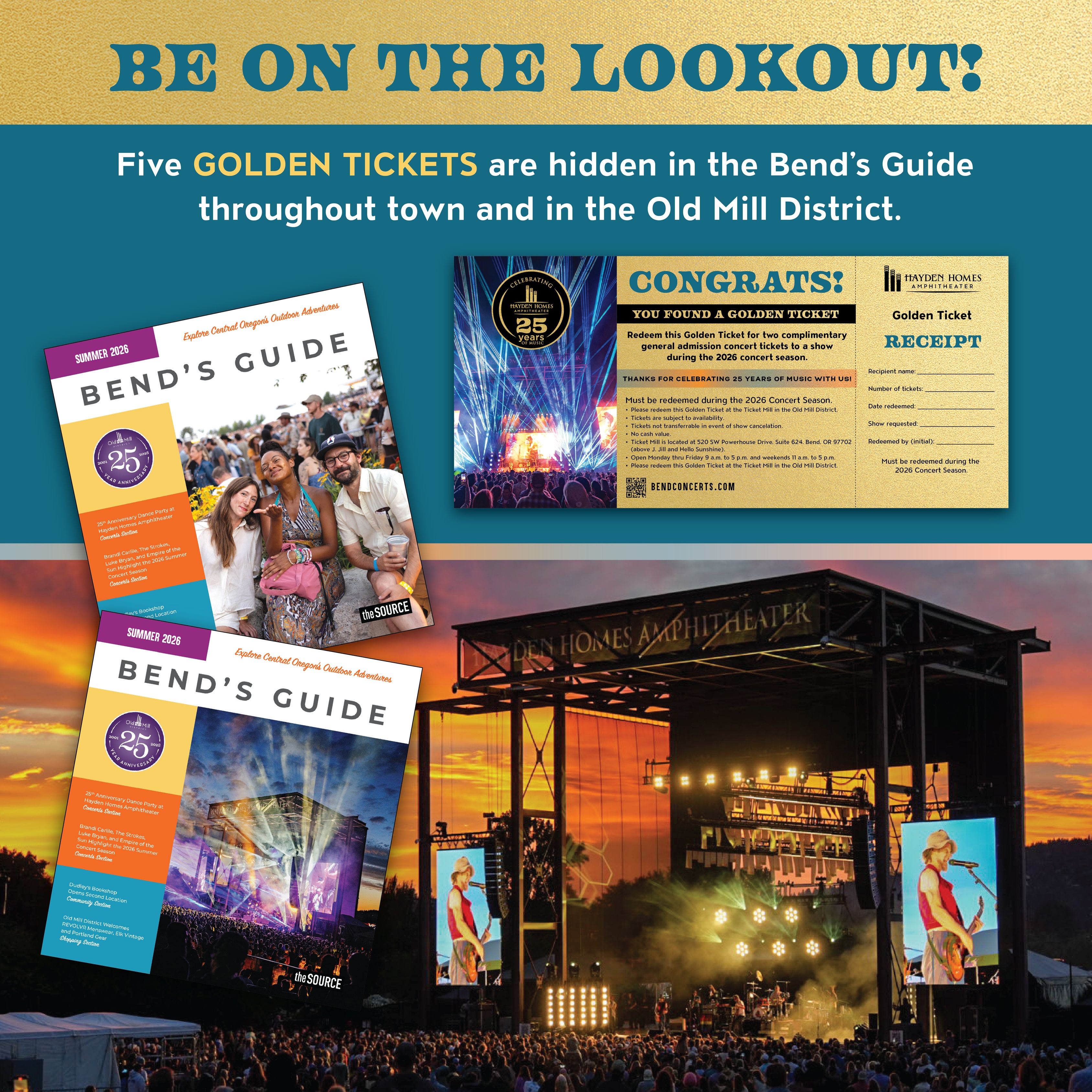 Cover of Old Mill District's Summer 2026 Bend Guide promoting Golden Ticket concert giveway.