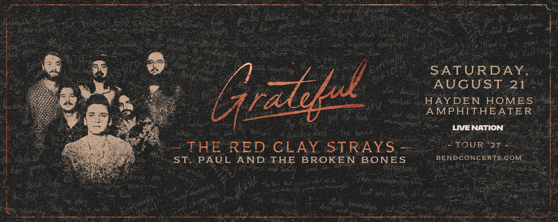 The Red Clay Strays play Hayden Homes Amphitheater in Bend, Oregon Saturday, Aug. 21, 2027 with special guest St. Paul & The Broken Bones.