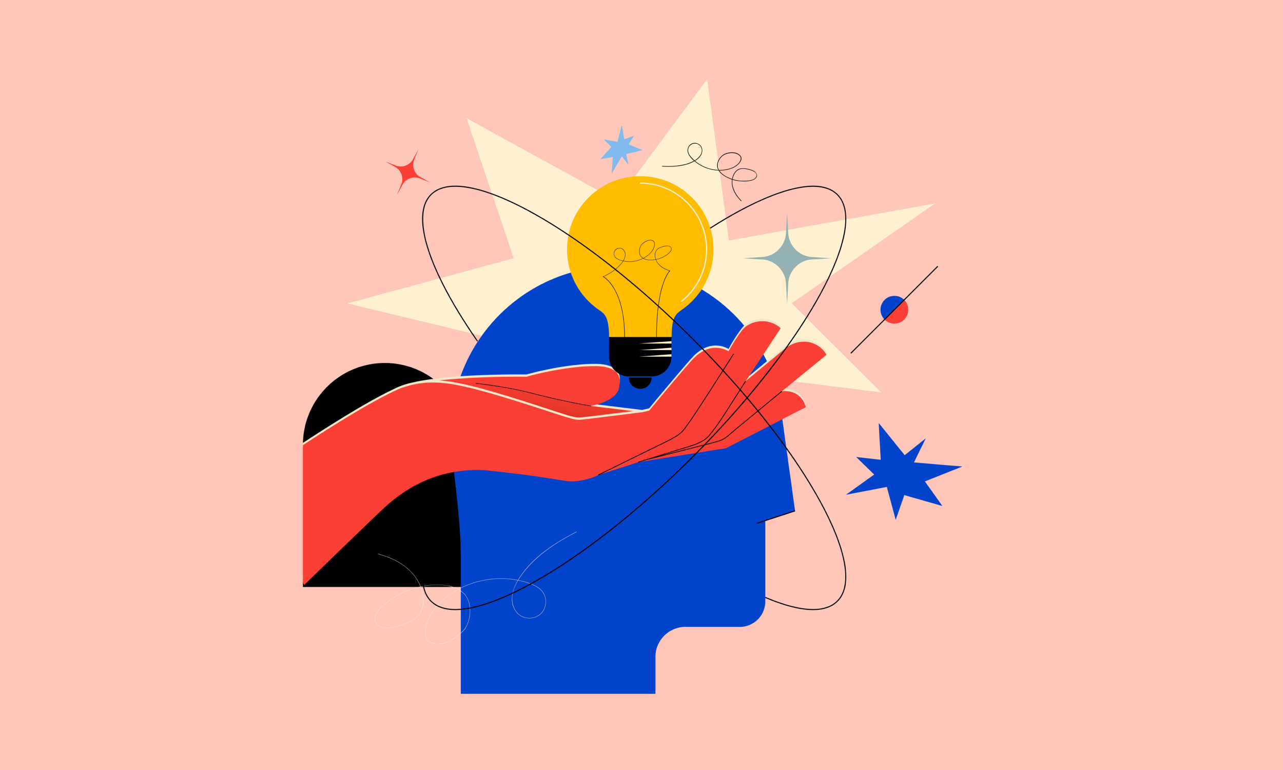 illustration of a lightbulb in a hand with abstract elements representing creativity