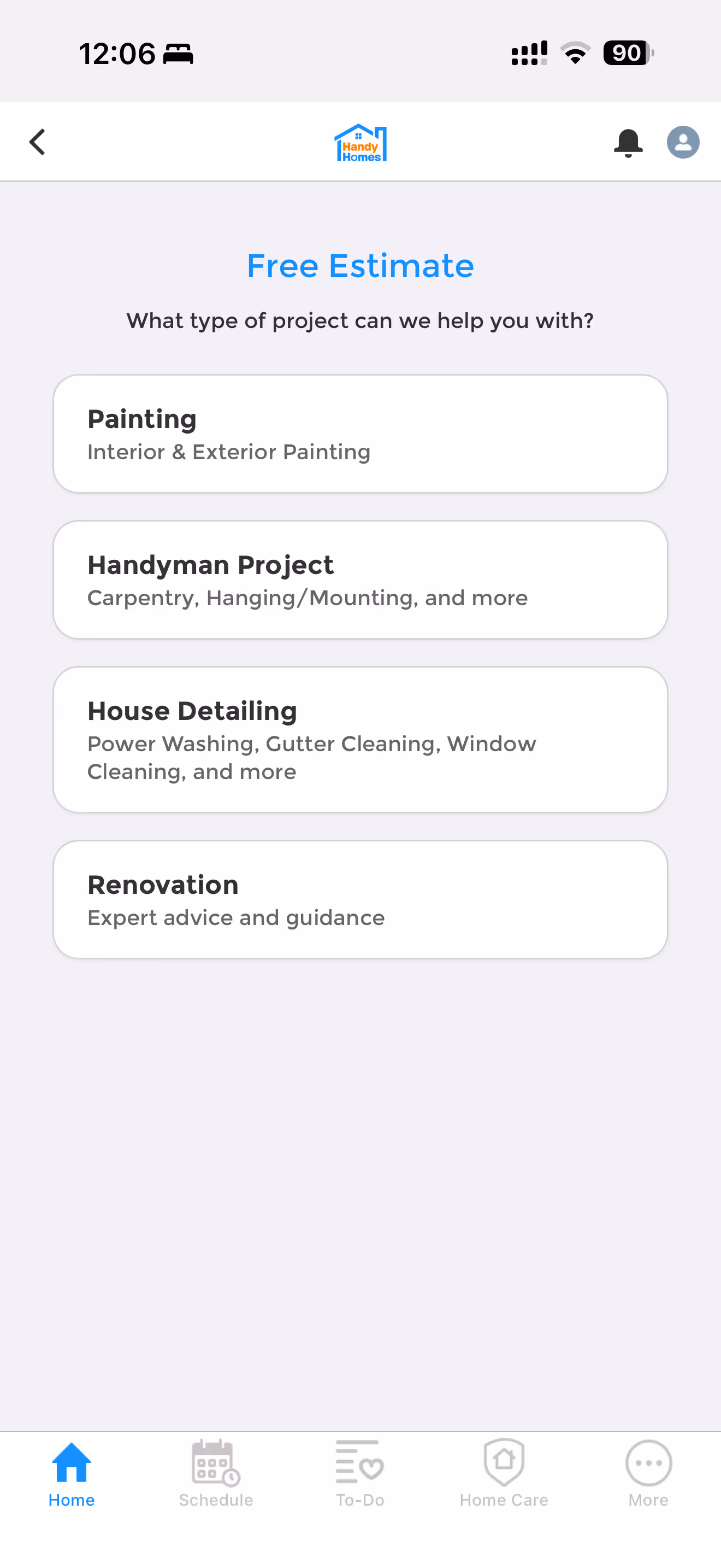 Mobile app screen showing a free estimate form with options for Painting, Handyman Project, House Detailing, and Renovation services.