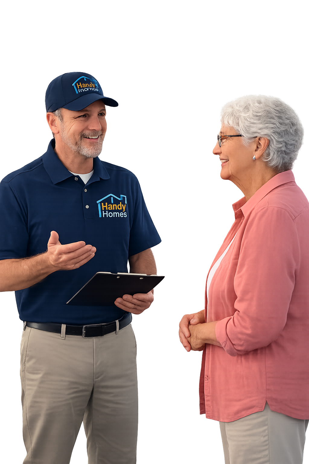 Smiling handyman in blue uniform holding a clipboard talks with a senior woman wearing glasses and a pink shirt.