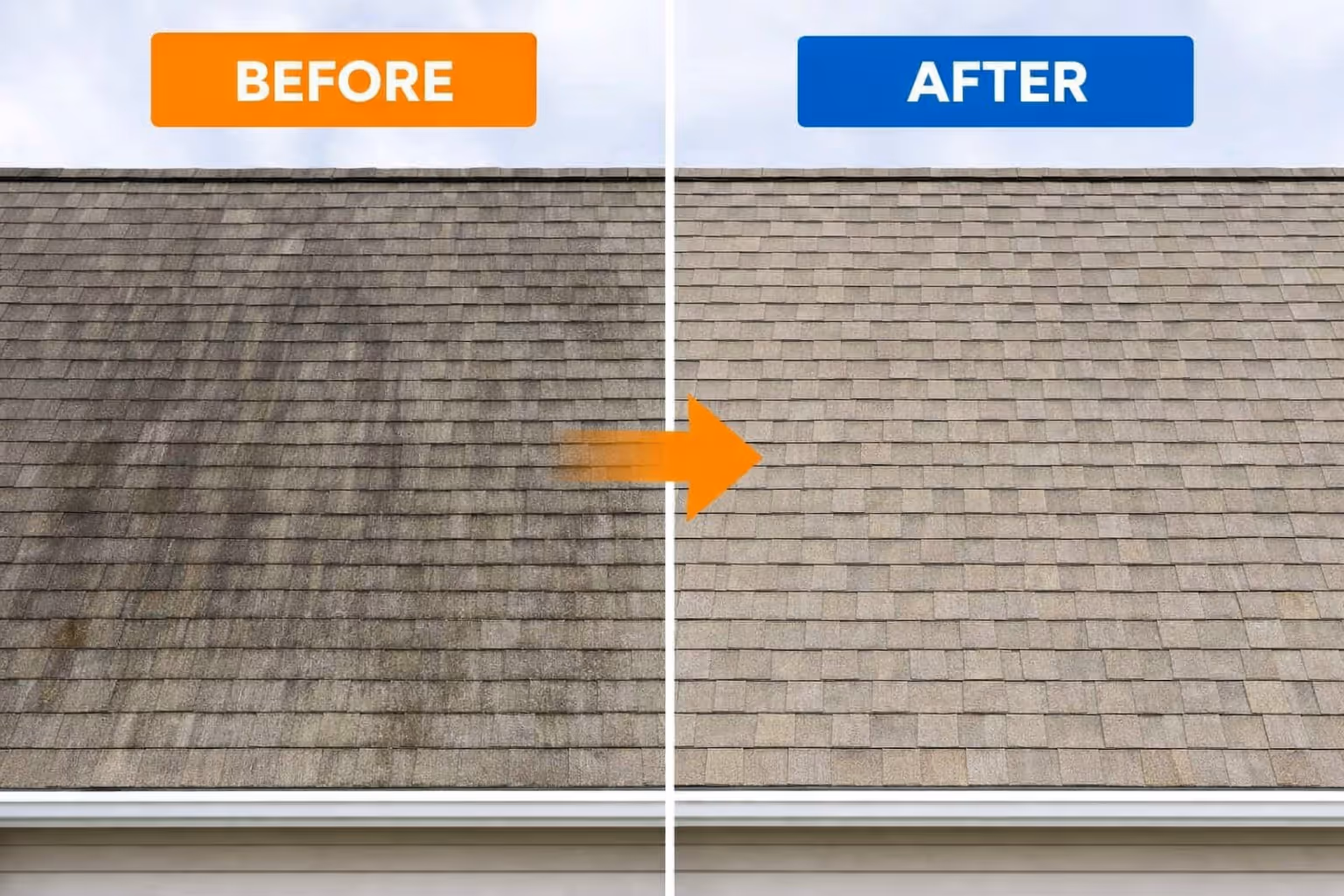 Side-by-side comparison of a roof before and after cleaning, showing a darker, dirtier left side and a cleaner, lighter right side.