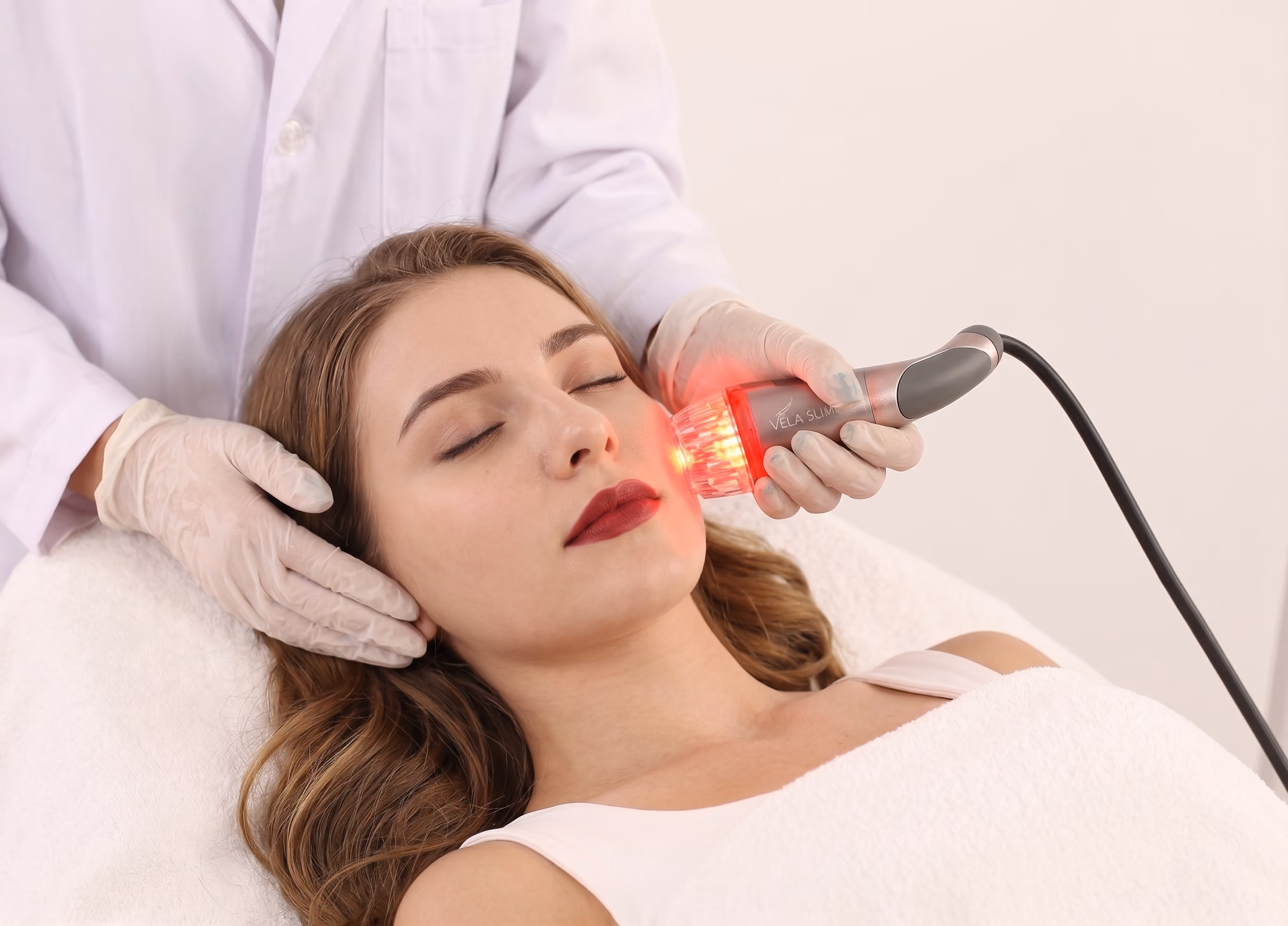 Kozmetičarka z belo rokavico izvaja tretma na obrazu ženske z napravo, ki oddaja rdečo svetlobo. Ženska leži z zaprtimi očmi.