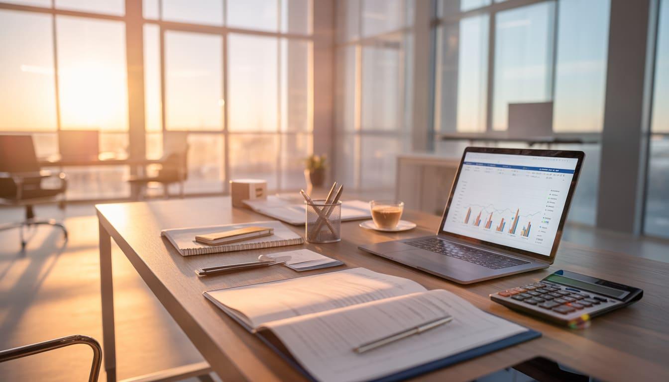An illustration of a desk with financial accounting paraphernalia, like a laptop, pen, and calculator.