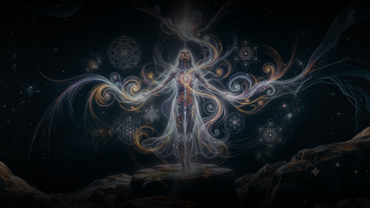 Heart Activation — ethereal figure radiating light amid sacred geometry