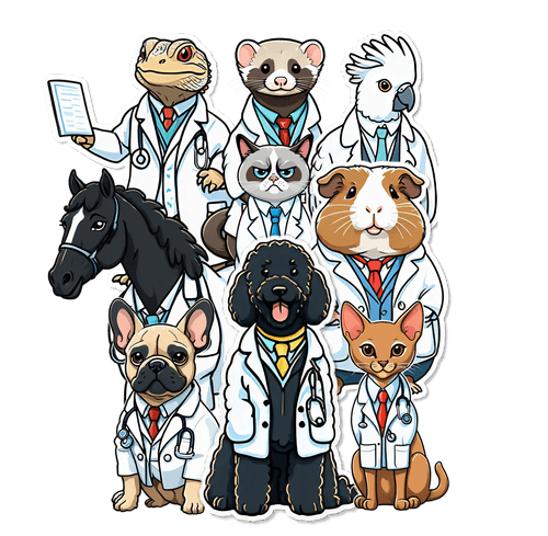 Illustration of a group of animals wearing vet lab coats