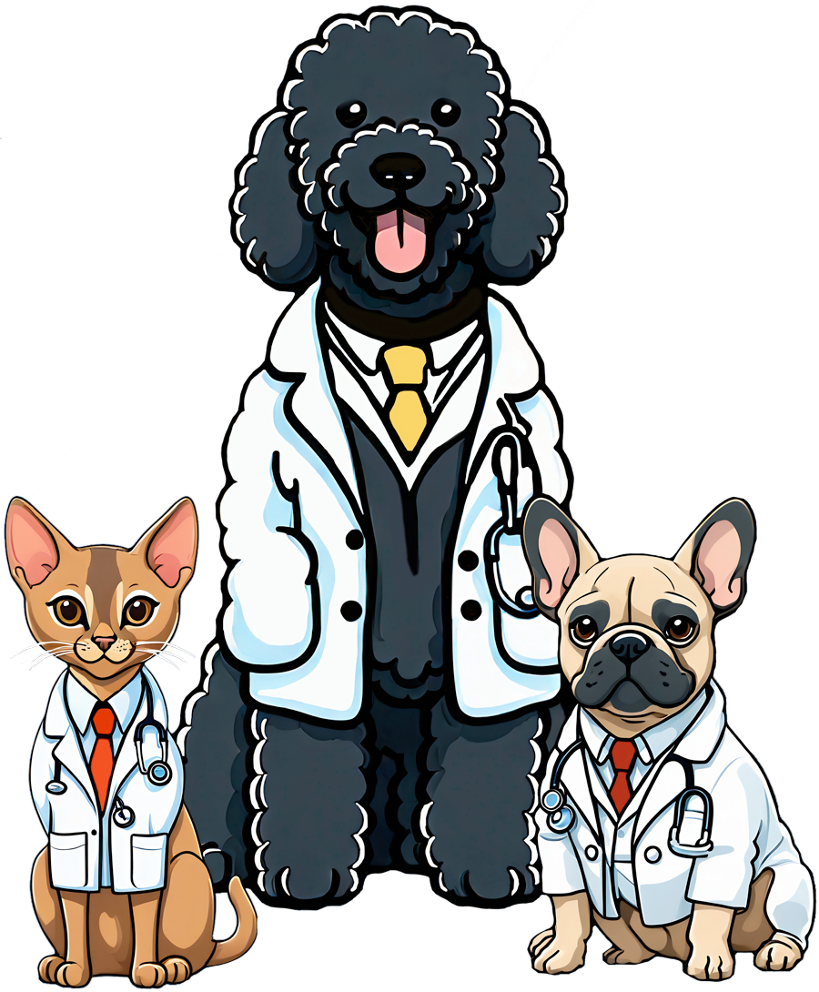 Illustration of a tall black dog and a small cat and dog, all in vet lab coats