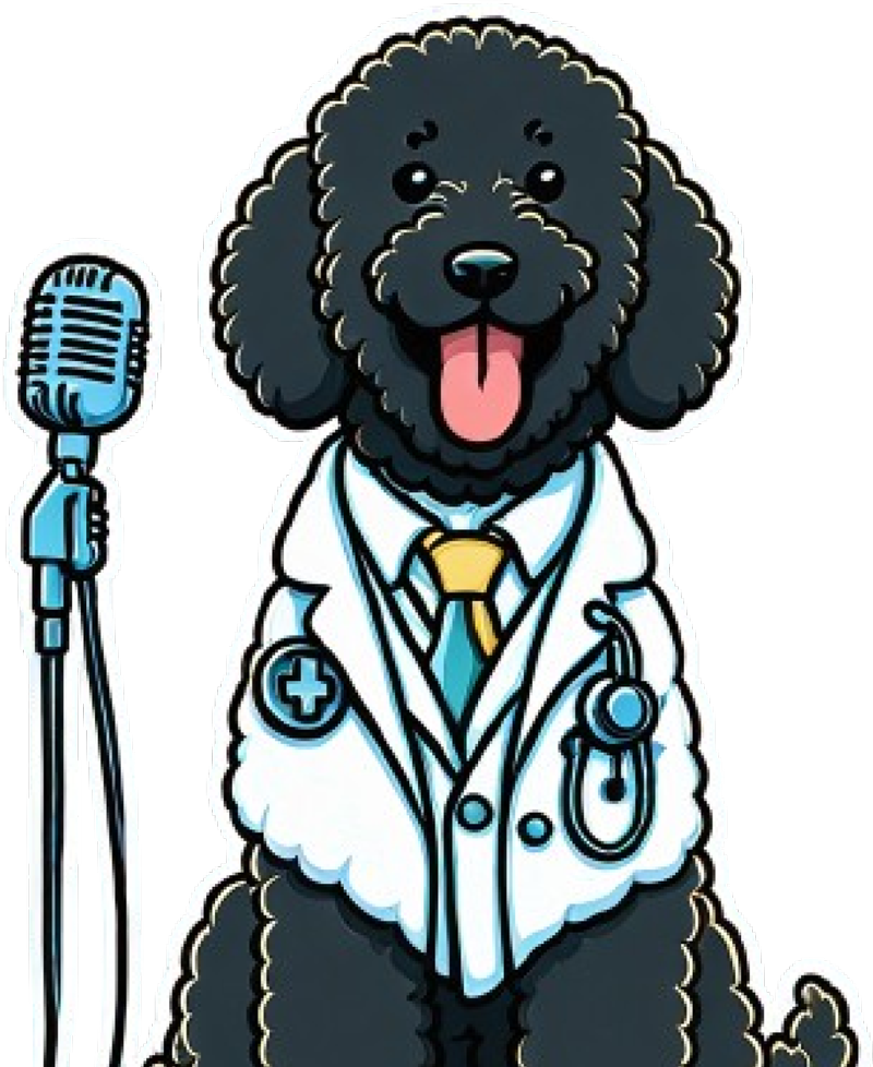 Illustration of dog wearing vet lab coat next to microphone on stand