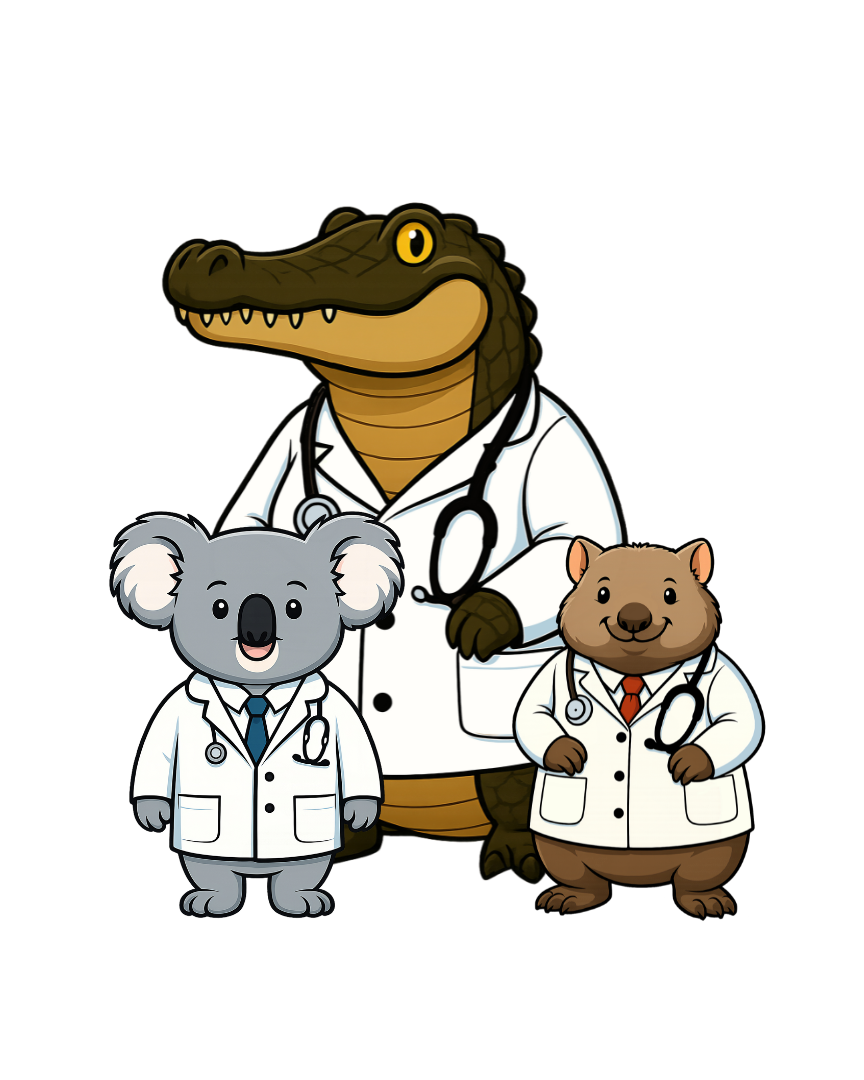 Illustration of dog wearing vet lab coat next to microphone on stand