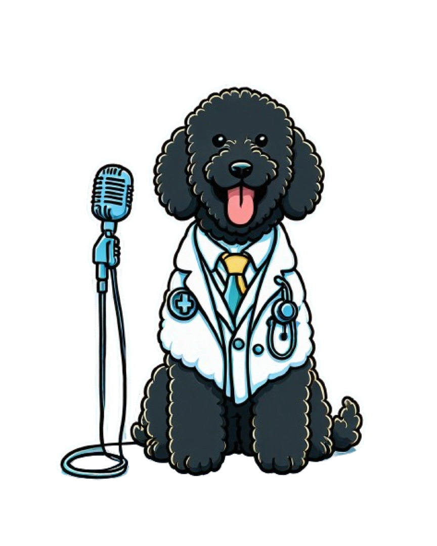 Illustration of dog wearing vet lab coat next to microphone on stand