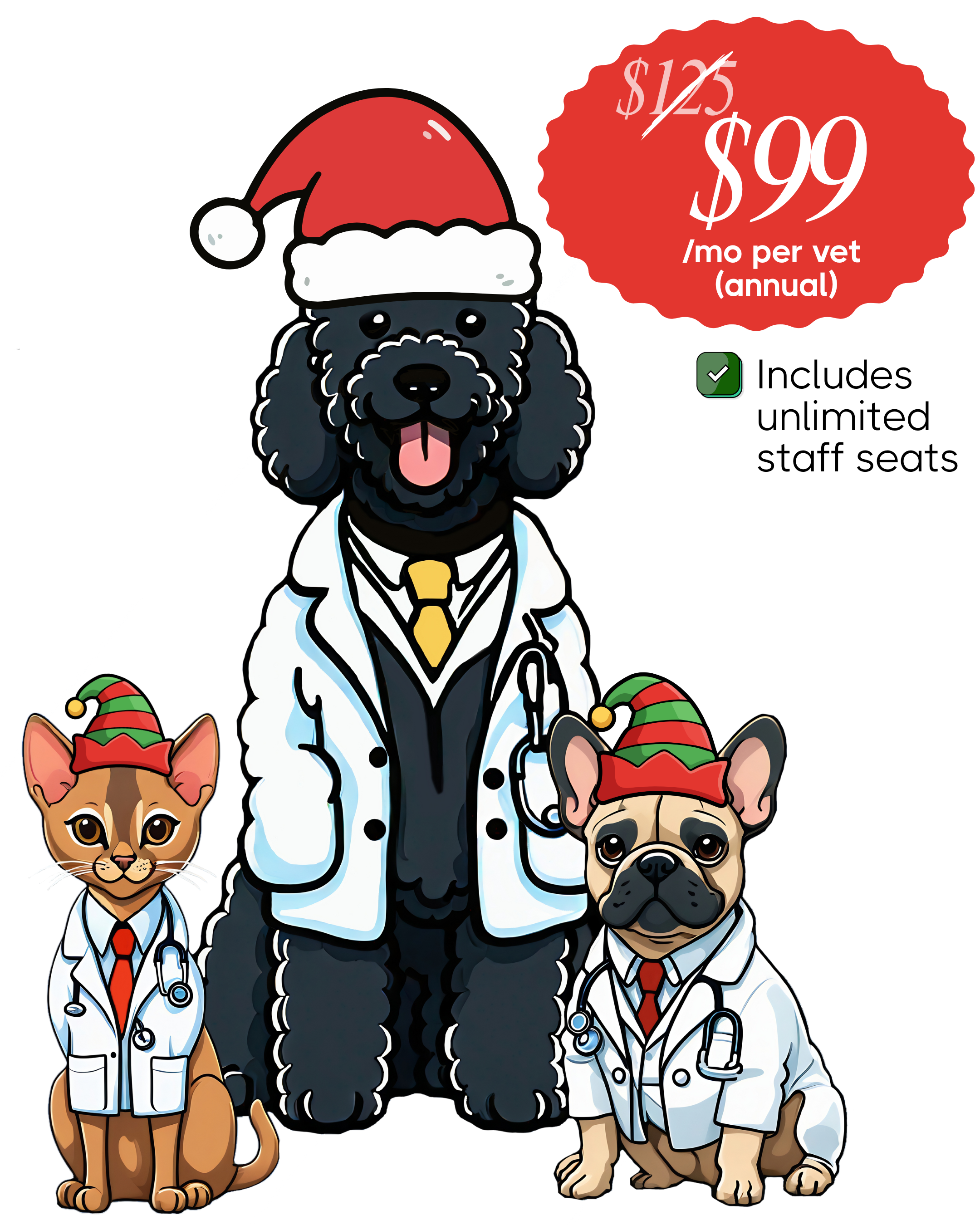 Illustration of a tall black dog and a small cat and dog, all in vet lab coats