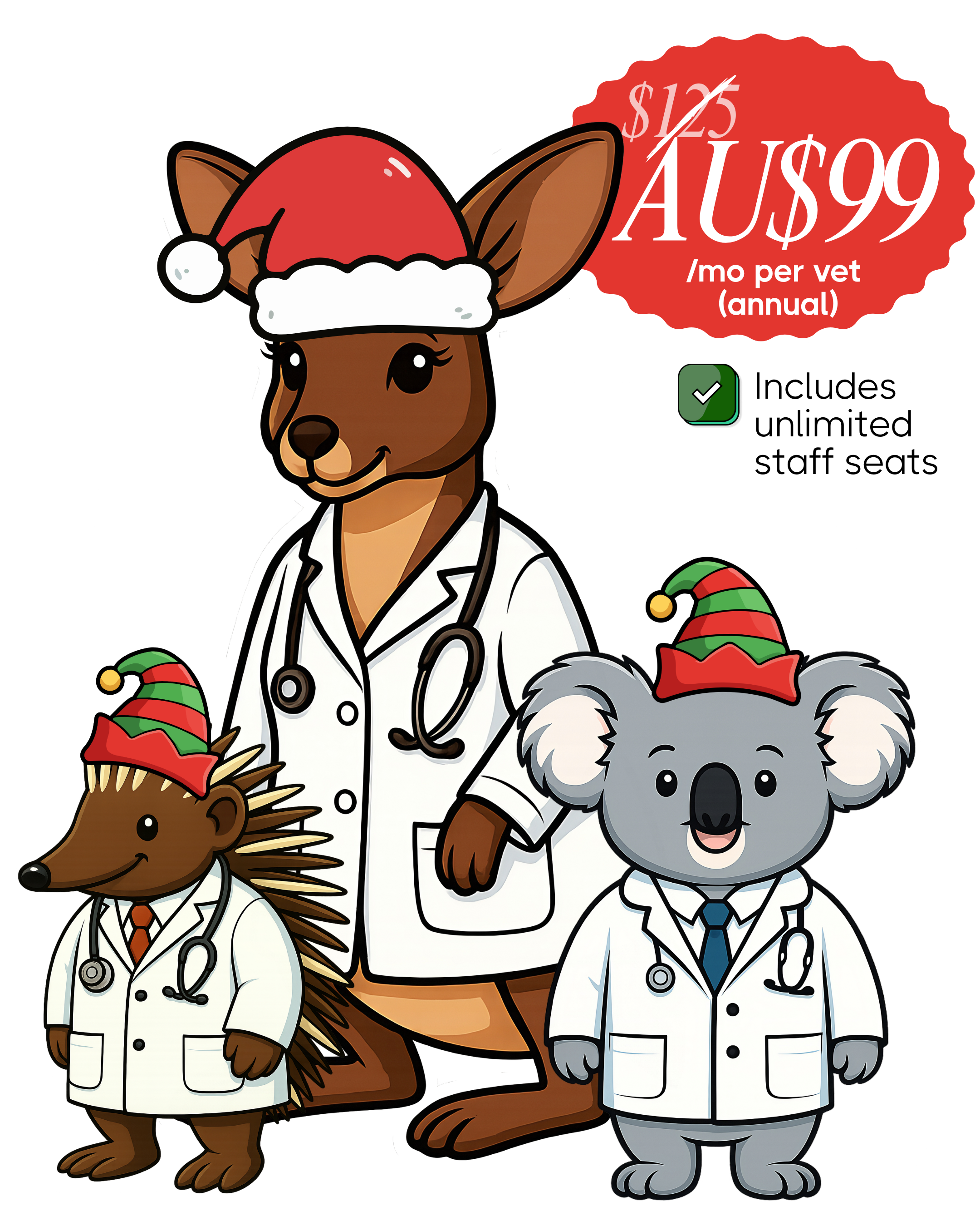 Illustration of a tall black dog and a small cat and dog, all in vet lab coats