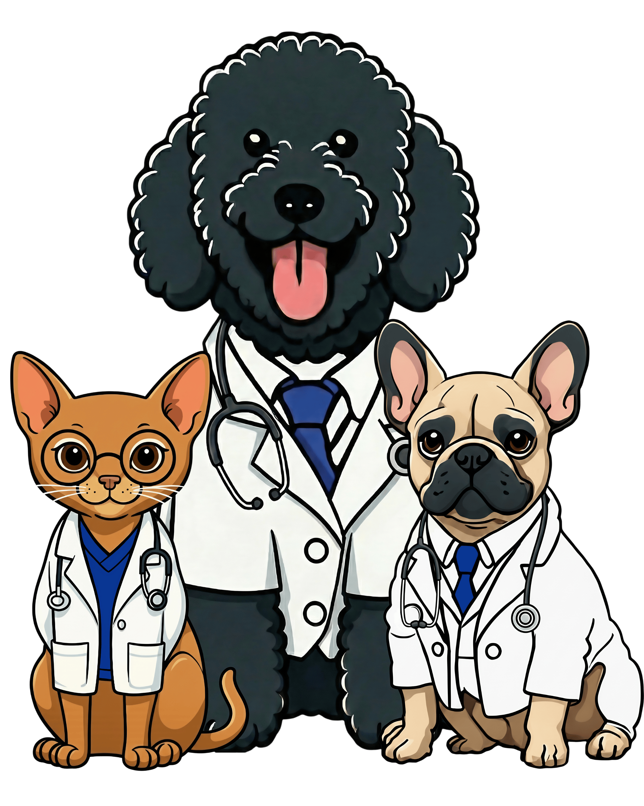 Illustration of a tall black dog and a small cat and dog, all in vet lab coats