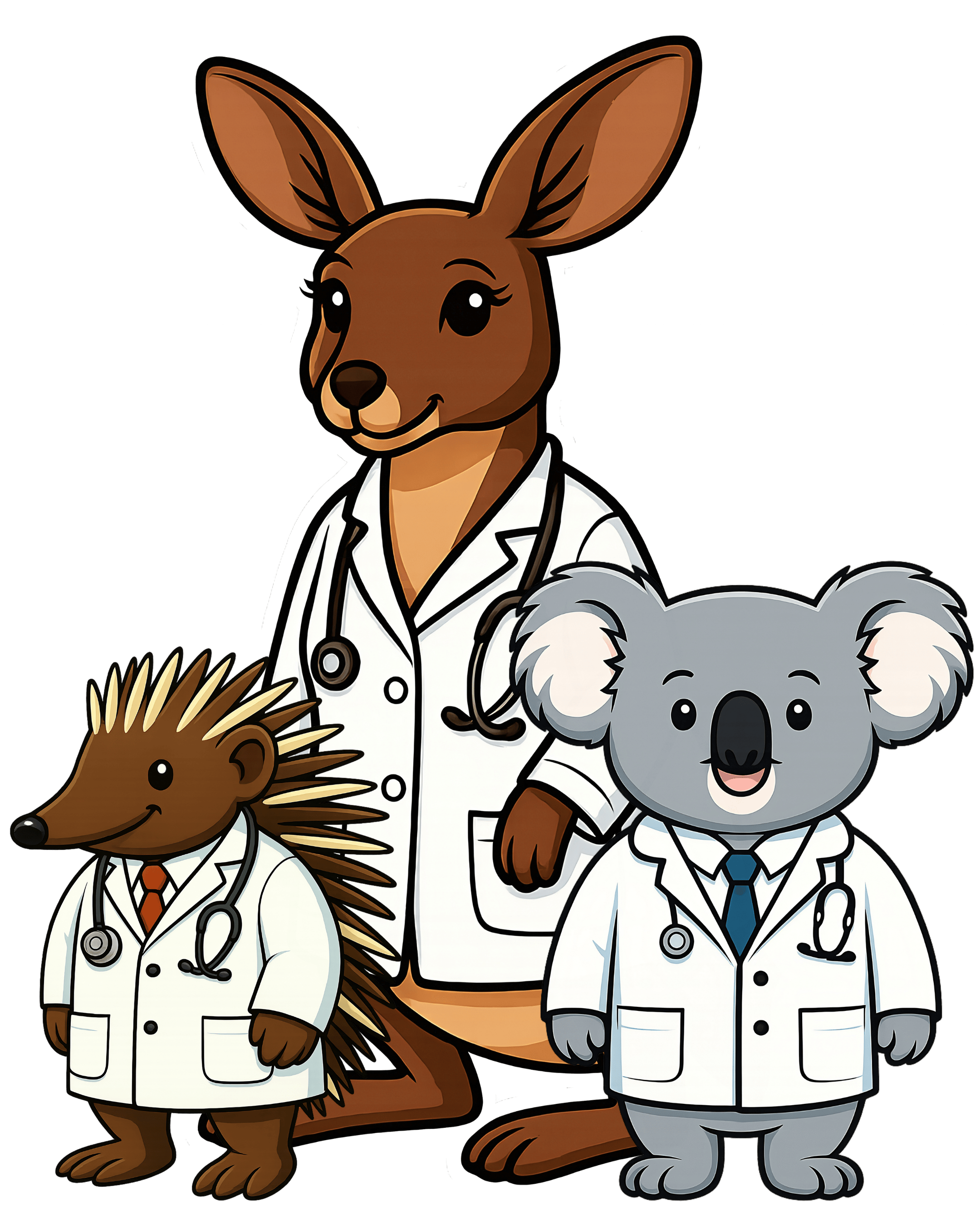 Illustration of a tall black dog and a small cat and dog, all in vet lab coats