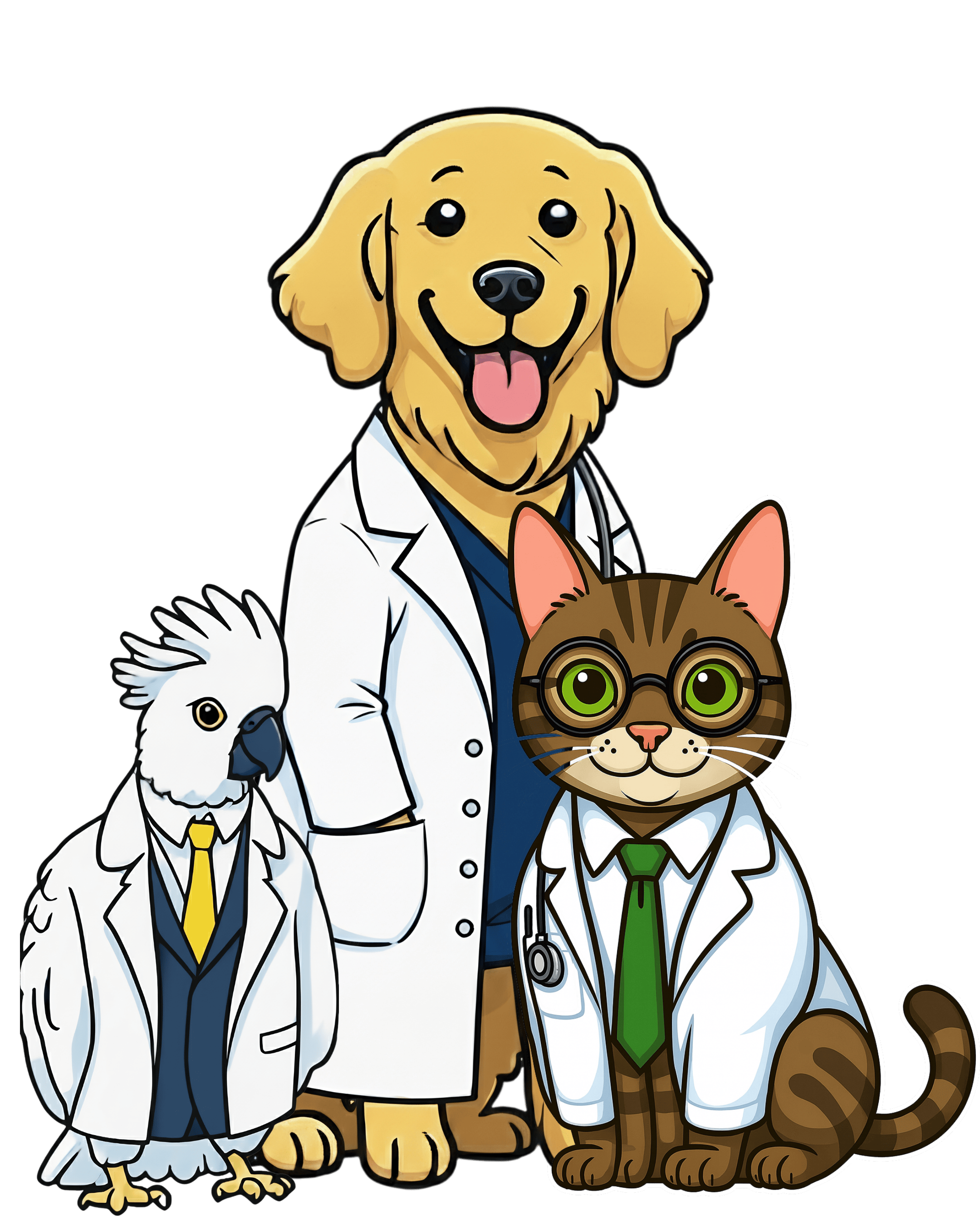 Illustration of dog wearing vet lab coat next to microphone on stand