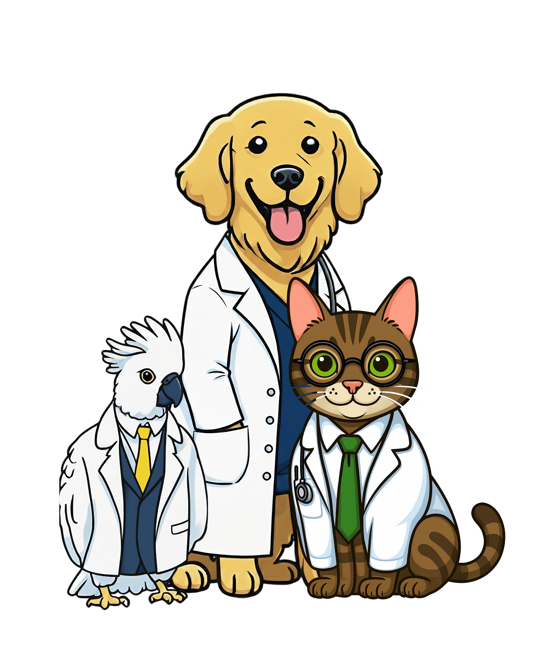 Illustration of dog wearing vet lab coat next to microphone on stand
