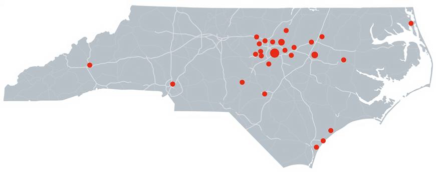 Map of North Carolina with indicator dots