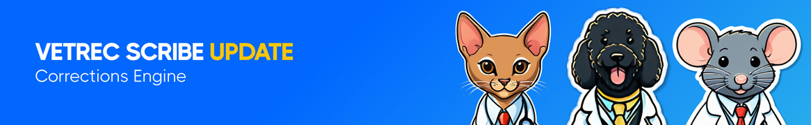 Image with Vetrec Scribe Update Corrections Engine text and illustrations of animals in vet coats