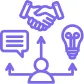 Icon showing a person connected by arrows to a handshake, speech bubble, and light bulb representing skills combination.
