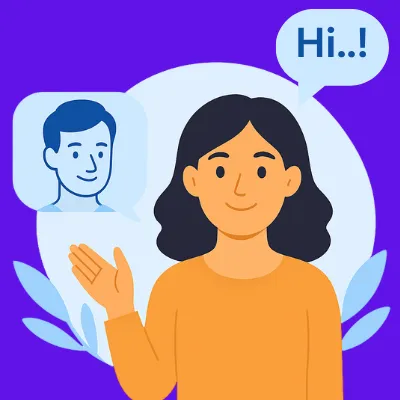 Illustration of a woman in an orange shirt waving with a speech bubble saying 'Hi..!' and a smaller image of a man in a speech bubble beside her.