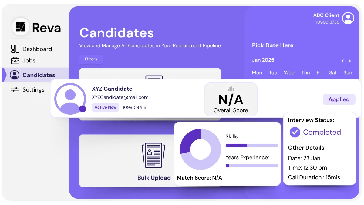 Recruitment dashboard screen showing candidate profile with email, active status, overall score N/A, applied status, completed interview status with date, time, call duration, and skill and experience match scores.