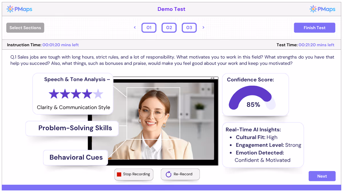 AI-powered interview interface displaying a young woman answering a sales job question with speech and tone analysis showing 4.5 stars, an 85% confidence score, real-time AI insights on cultural fit, engagement level, and detected emotion, plus buttons to stop recording or re-record.