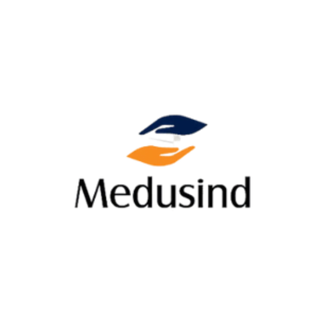 Medusind logo featuring an orange hand holding a dark blue graduation cap.